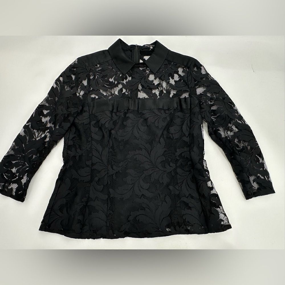 Nanette Lepore Black Flaming Love Lace Top Sheer Satin Size 6